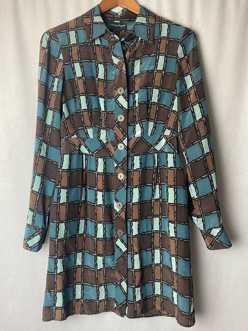 VTG 2000s Y2K Nanette Lepore Teal Brown Plaid Geometric Silk Shirt Dress 6